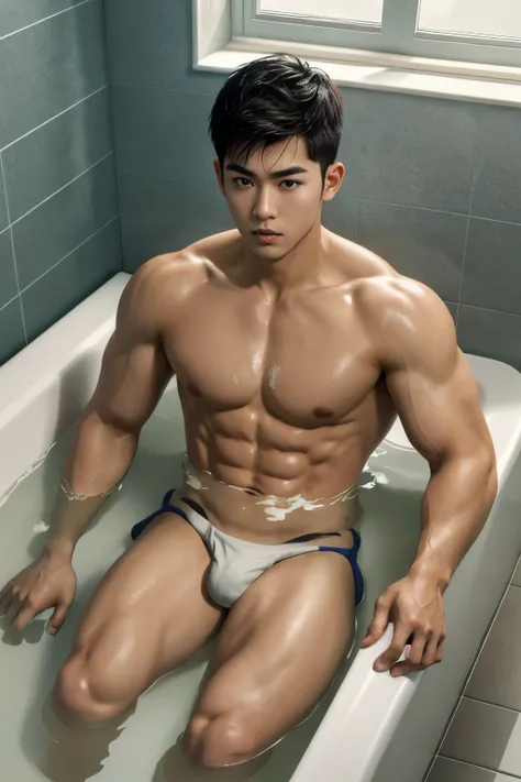 1 Asian boy, ((bara:1.5)), sport body, sexy,  small tiny black g-string, bare chest, flat chest, bare shoulders, small bulge, in a bath tub, a lot a lot of cum, half body is under water, wide angle, detailed bathroom, athletic body, male, iridescent skin, ...