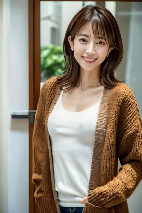 high quality, 8k, masterpiece, Photoreal, sharp focus, High resolution, portrait, alone, Skinny Japanese woman, 30 years old, apartment entrance, (((Take a full body photo))), (smile), mature woman, sweaty skin, ((brown hair)), ((camisole, knit cardigan)),...