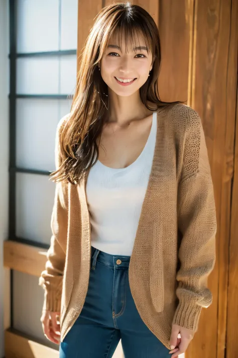 high quality, 8k, masterpiece, Photoreal, sharp focus, High resolution, portrait, alone, Skinny Japanese woman, 30 years old, apartment entrance, (((Take a full body photo))), (smile), cute face, sweaty skin, ((brown hair)), ((camisole, knit cardigan)), sm...