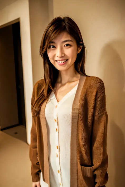 high quality, 8k, masterpiece, Photoreal, sharp focus, High resolution, portrait, alone, Skinny Japanese woman, 30 years old, apartment entrance, (((Take a full body photo))), (smile), cute face, sweaty skin, ((brown hair)), ((camisole, knit cardigan)), sm...