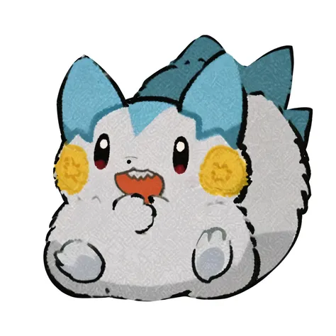 There is a blue and white cat，Wearing a blue bow on her head, Cute Pokemon style, stuffed toys, Furuyoshimon, Poof, blue fur，There are white spots, Sora looks like a cat, Anthropomorphic blue hedgehog, MapleStory Mouse, Plush mascot, Inspired by Master Kan...