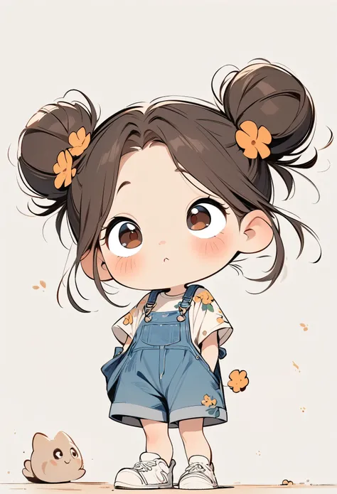 (masterpiece, best quality:1.2), cartoonish character design。1 girl, alone，big eyes，cute expression，two hair buns，loose floral s...