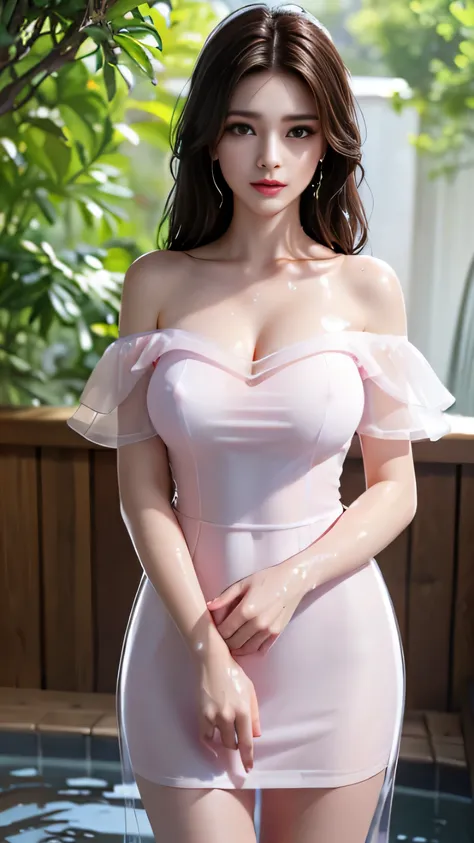 (highest quality、4k、masterpiece:1.3)、Beautiful woman、1 girl、Sexy:1.1、dark brown hair:1.1、highly detailed face、lip details、detailed eye、double eyelid、(The pink nipples are transparent）、(Translucent off-shoulder wet white dress)、(she is wet)