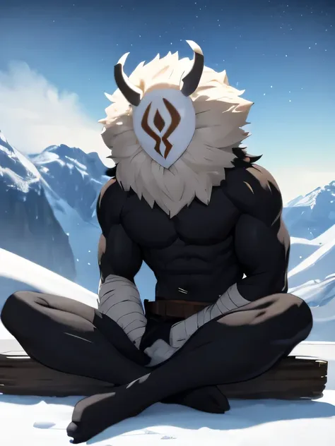 Hilichurl man, Hilichurl mask of black color, white mask hair, white details on the mask, body hair, strong feets, foot fetish, feets, short black underwear, big bulge, Mountain scenery, body tattoo, snow, snowing, near the entrance of a cave, dark night, ...