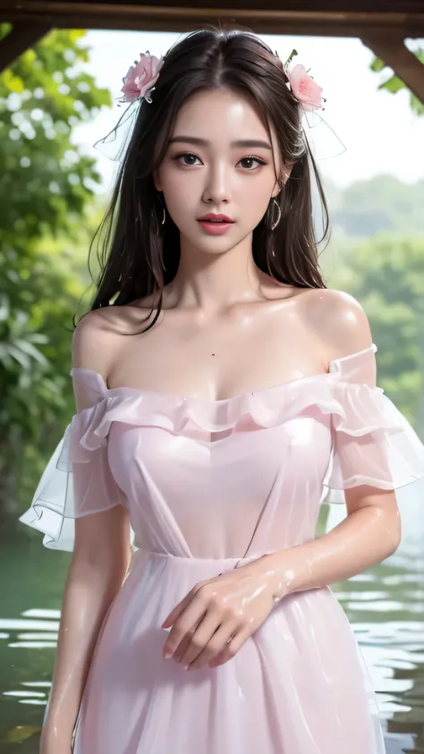 (highest quality、4k、masterpiece:1.3)、Beautiful woman、1 girl、Sexy:1.1、dark brown hair:1.1、highly detailed face、lip details、detailed eye、double eyelid、(The pink nipples are transparent）、(Translucent off-shoulder wet white dress)、(she is wet)