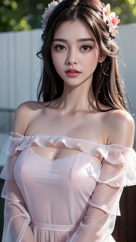 (highest quality、4k、masterpiece:1.3)、Beautiful woman、1 girl、Sexy:1.1、dark brown hair:1.1、highly detailed face、lip details、detailed eye、double eyelid、(The pink nipples are transparent）、(Translucent off-shoulder wet white dress)、(she is wet)