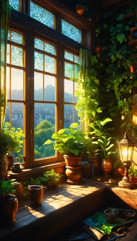 The View Outside the Window,window sill,Dirty shed window,cluttered,I&#39;m going to open the window now to do some major cleaning.,Light shines through the window into the dimly lit room,halation,beautiful light and shadow,Tyndall effect,dim background,Da...