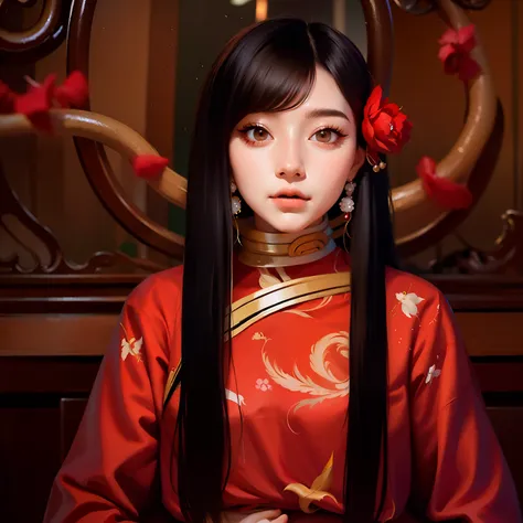 there is a woman with long black hair wearing a red dress, artwork in the style of guweiz, jingna zhang, palace ， a girl in hanf...