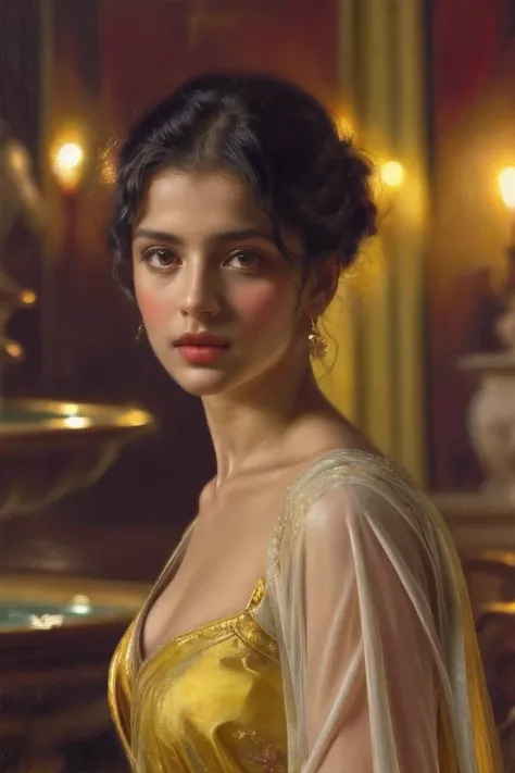 A renaissance full body portrait of middle aged Indian Woman Aditi at detailed beautiful exotic Royal Harem, beautiful small fountain in the back, vintge lamps, exotic place, ((wearing yellow thin sexy satin drape)), detailed skin, in vintage royal palace,...