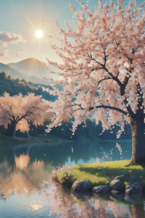 peach tree,flower,lake,sun light,beatyful picture