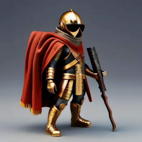 Brilliant Gold Diamond Maya Star，Copper weapons, Burlap Cape Mummy Hood Platinum Silk Cyberpunk Light Crossbow Space Station 1:90 miniatures, illustration, side view, (side view), Wear gold-rimmed reflective sunglasses, Carrying future weapons, very happy,...