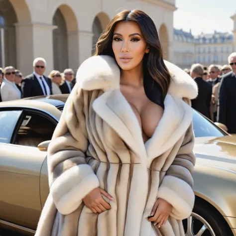 A very wide and very thick, very long sand mink fur coat, fifty centimeters thick, duveteux, naturel, with an ultra thick white and sand mink fur collar, three layers, sur Kim Kardashian, fully nude front view, bare shoulders, and two large breast discover...