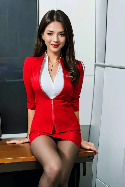 (masterpiece:1.2, highest quality:1.2), 32K HDR, High resolution, (alone, 1 girl), （Realistic style of AirAsia stewardess uniform）, neat woman, beautiful face, dark brown hair, (long hair down to waist), (red jacket:1.1, Unzipped jacket, unbuttoned white s...