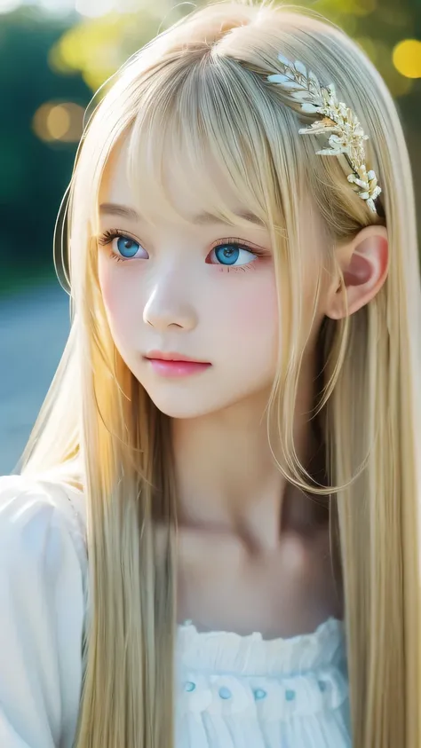 1 girl, The cutest girl、bright look、very messy blonde hair, Blond hair floating、Her bright, super long, straight blonde hair is dazzling with its golden shine.、very beautiful super long shiny blonde hair、very beautiful cute face、Sparkling Beautiful Skin、so...
