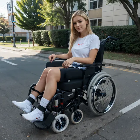 Pretty girl, blonde hair, after injury, recovery, medium, moving by electric wheelchair, orthosis, knee sport orthosis by donjoy, ankle sport orthosis by DonJoy, white Nike socks