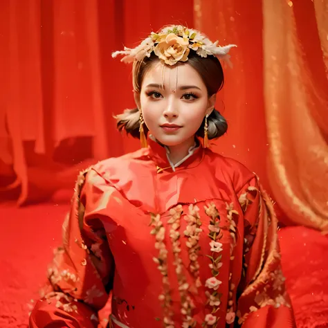 there is a woman in a red dress posing for a picture, wearing ancient chinese clothes, traditional chinese clothing, chinese cos...