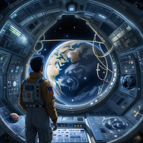 a man standing inside the space station looking out through the window, outside is the starry sky and a planet that looks exactl...