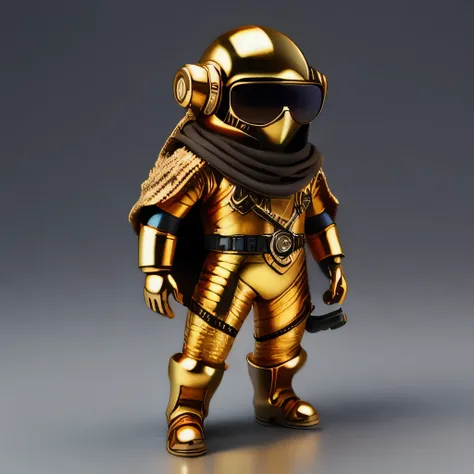 Brilliant Gold Diamond Maya Star，Copper weapons, Burlap Cape Mummy Hood Platinum Silk Cyberpunk Light Crossbow Space Station 1:90 miniatures, illustration, side view, (side view), Wear gold-rimmed reflective sunglasses, Carrying future weapons, very happy,...