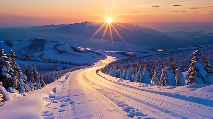 a car drives down the snow covered road at sunset