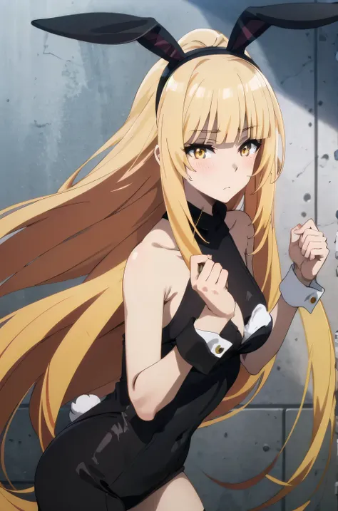 1girl, solo,yellow eyes, blonde hair, long hair,brea,(((black bunny suit,bunny ears)))