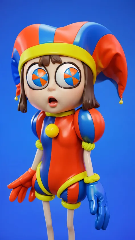 The image depicts a 3D character of a girl dressed in multicolored jester attire. She has a large red bow on her head, and her eyes are wide with surprise. She has her mouth open and appears to be pointing to the left. The background is a solid blue.Styliz...