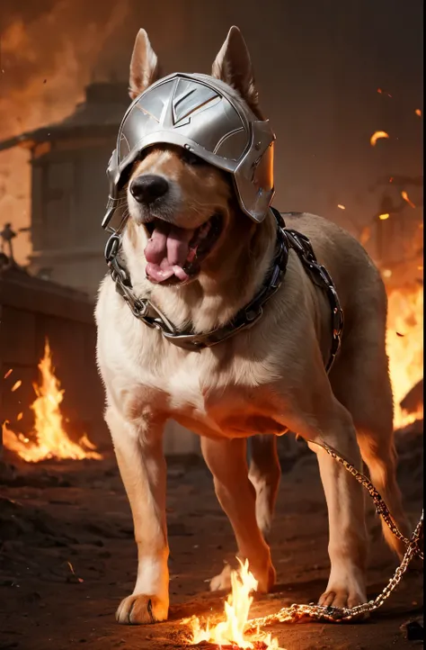 Perro con armadura y cadenas de fuego 