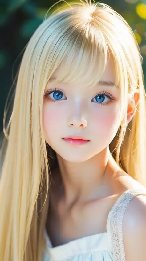 1 girl, the cutest girl、bright look、very messy blonde hair, blond hair floating、her bright, super long, straight blonde hair is ...