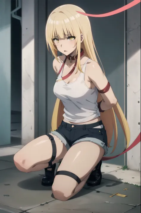 ((collar,leash,tied up,bondage,scared expression)),1girl, solo,yellow eyes, blonde hair,,shorts,top-tank