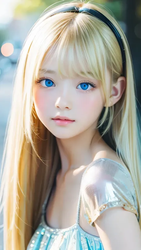 1 girl, the cutest girl、bright look、very messy blonde hair, blond hair floating、her bright, super long, straight blonde hair is ...