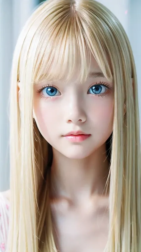 1 girl, The cutest girl、bright look、very messy blonde hair, Blond hair floating、Her bright, super long, straight blonde hair is dazzling with its golden shine.、very beautiful super long shiny blonde hair、very beautiful cute face、Sparkling Beautiful Skin、so...