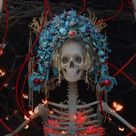 skeleton with a blue headdress and a red string, saint skeleton queen, tibetan skeleton dancer, the robot wearing the bone crown...