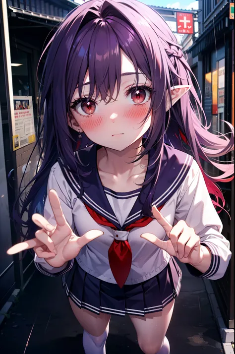 yuukikonno, Yuki Konno, hair band, long hair, pointed ears, purple hair,blush, embarrassing,(red eyes:1.5), (small breasts:1.2),high school girl uniform(purple sailor suit),Purple pleated skirt,white tights,brown loafers,rain,cloudy,umbrella,evening,
break...