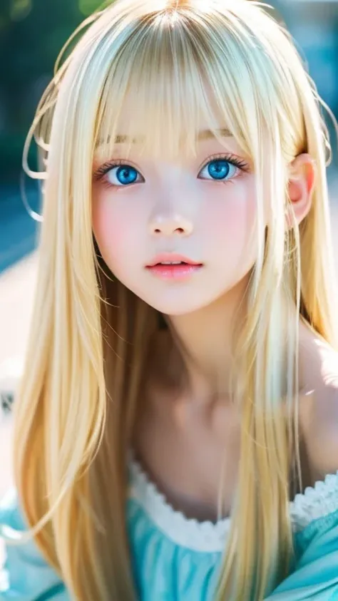 1 girl, the cutest girl、bright look、very messy blonde hair, blond hair floating、her bright, super long, straight blonde hair is ...