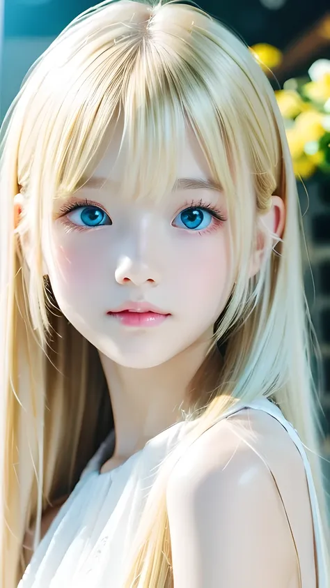 1 girl, the cutest girl、bright look、very messy blonde hair, blond hair floating、her bright, super long, straight blonde hair is ...