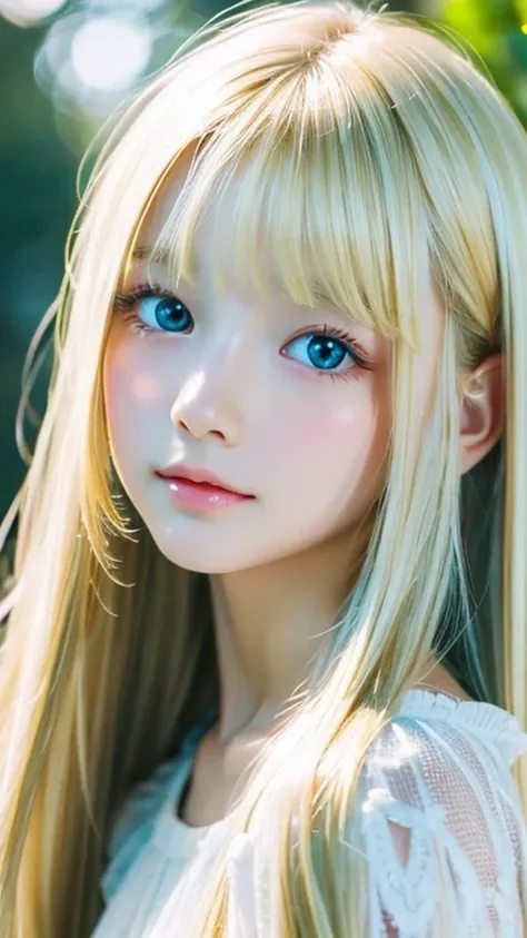 1 girl, the cutest girl、bright look、very messy blonde hair, blond hair floating、her bright, super long, straight blonde hair is ...