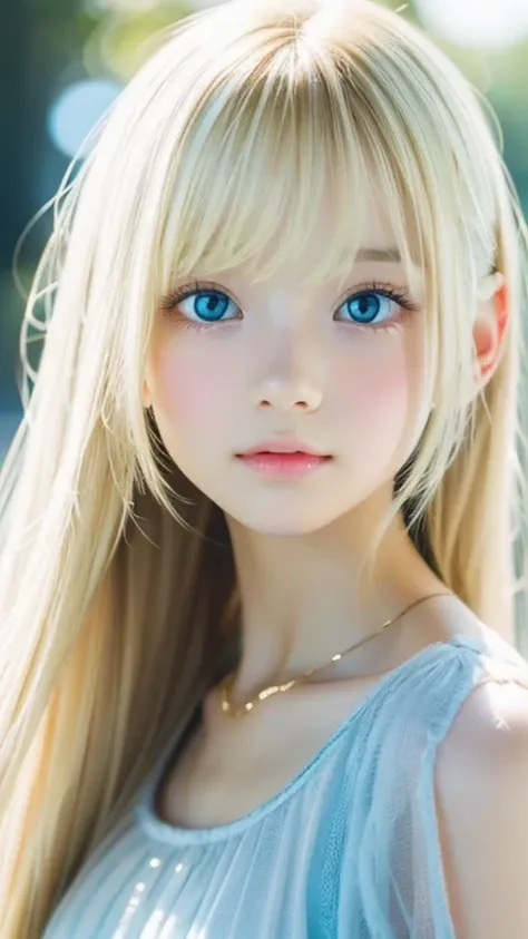 1 girl, the cutest girl、bright look、very messy blonde hair, blond hair floating、her bright, super long, straight blonde hair is ...