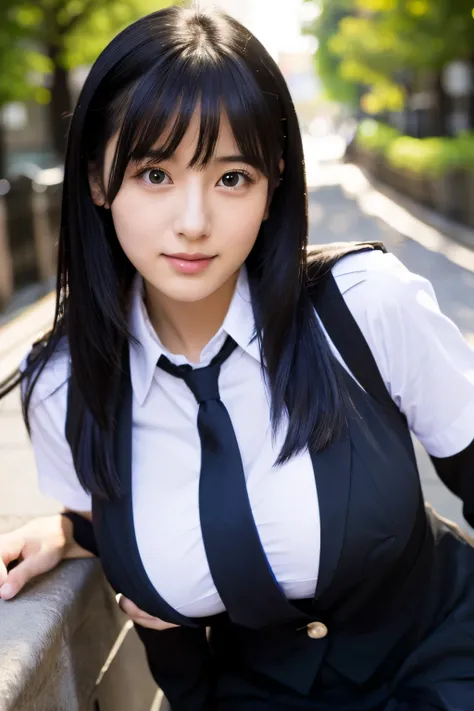 beautiful girl、black hair、uniform、big breasts、Japanese