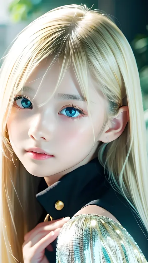 1 girl, The cutest girl、bright look、very messy blonde hair, Blond hair floating、Her bright, super long, straight blonde hair is dazzling with its golden shine.、very beautiful super long shiny blonde hair、very beautiful cute face、Sparkling Beautiful Skin、so...