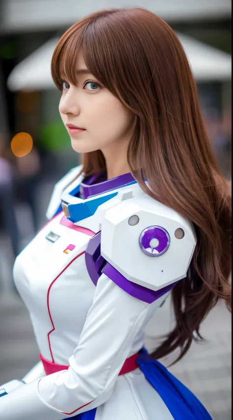 RAW, Masterpiece, Ultra Fine Photo,, Best Quality, Ultra High Resolution, Photorealistic, Sunlight, Full Body Portrait, Stunningly Beautiful,, Dynamic Poses, Delicate Face, Vibrant Eyes, (Side View) a close up of a woman in a pink and white gundam custume,...