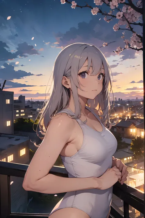 On the rooftop during golden hour、Background night city skyline, A beautiful Japanese woman is photographed from behind, towards the camera. She wears a white swimsuit, Minimalist white swimsuit, Her long silver hair is blowing gently in the breeze. golden...