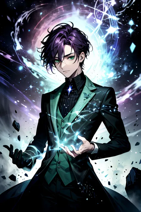 solo, male, masterpiece, highres, short hair, violet hair, green eyes, black and white shirt, magician, magic particles, entropy