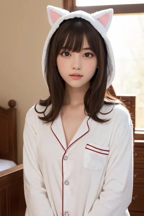 one girl, (a beauty girl, delicate girl:1.3), (14 years old:1.3),
break, (white fluffy kigurumi pajamas, cat kigurumi:1.1), (Upper body:1.2),
break, very fine resolution, (symmetrical eyes:1.3),
break, (Bedroom:1.3), 
break, small breasts, brown eyes, part...