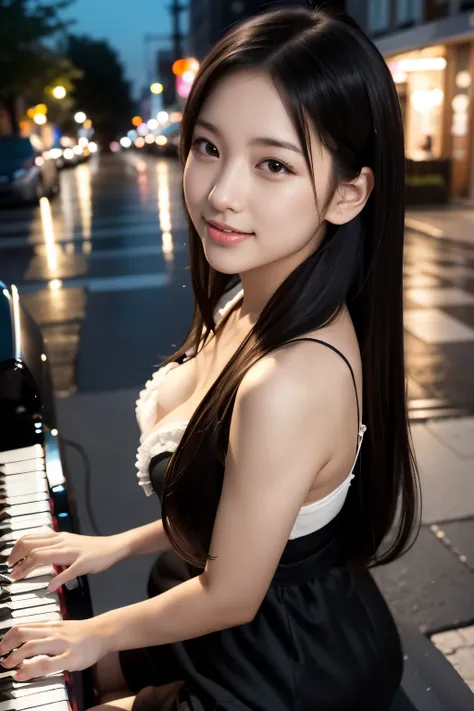 1girl, open mouth, black long hair,(playing piano:1.1), sitting on square in front of station building,evening, city lights, cit...