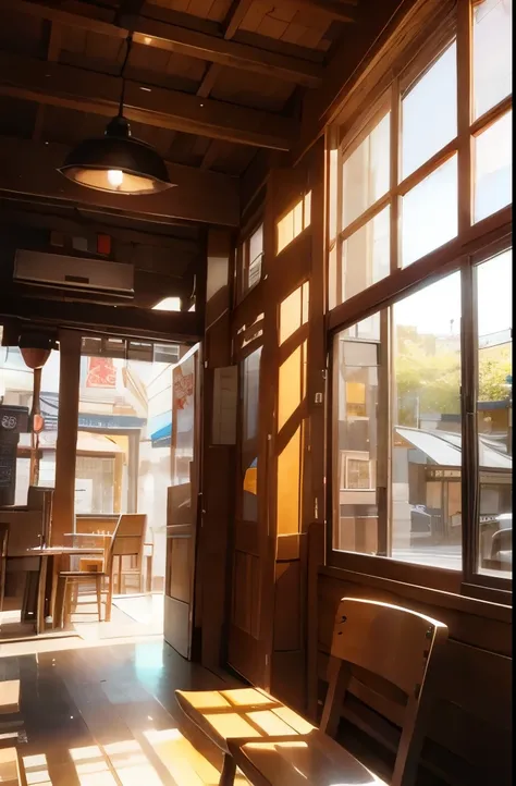 Calico cat sleeping on a wooden chair in a coffee shop。The afternoon sun pours through the window、nostalgic atmosphere。