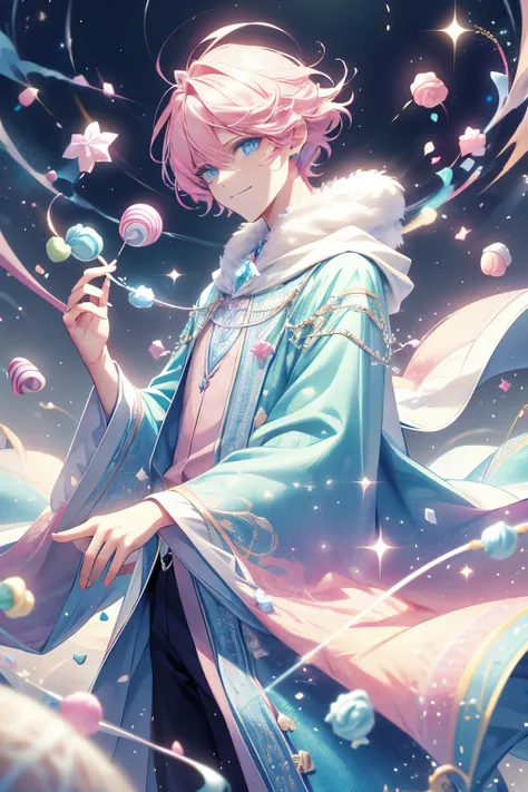 solo, male, masterpiece, highres, short hair, candy, pastel colors, pink hair, blue eyes, white cloak, magic, smile facial, cott...