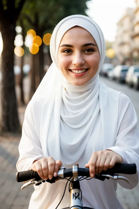 A beautiful female riding bicycle with a smile on her face and is proud of herself in hijab, white skin, ukrainian face, Arabic mantle, cinematic lighting. ((best quality)), ((masterpiece)), (detailed), perfect face