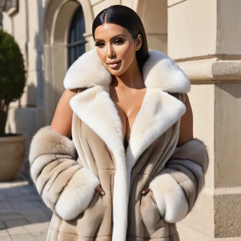 A very wide and very thick, very long sand mink fur coat, fifty centimeters thick, duveteux, naturel, with an ultra thick white and sand mink fur collar, three layers, sur Kim Kardashian, fully nude front view, bare shoulders, and two large breast discover...