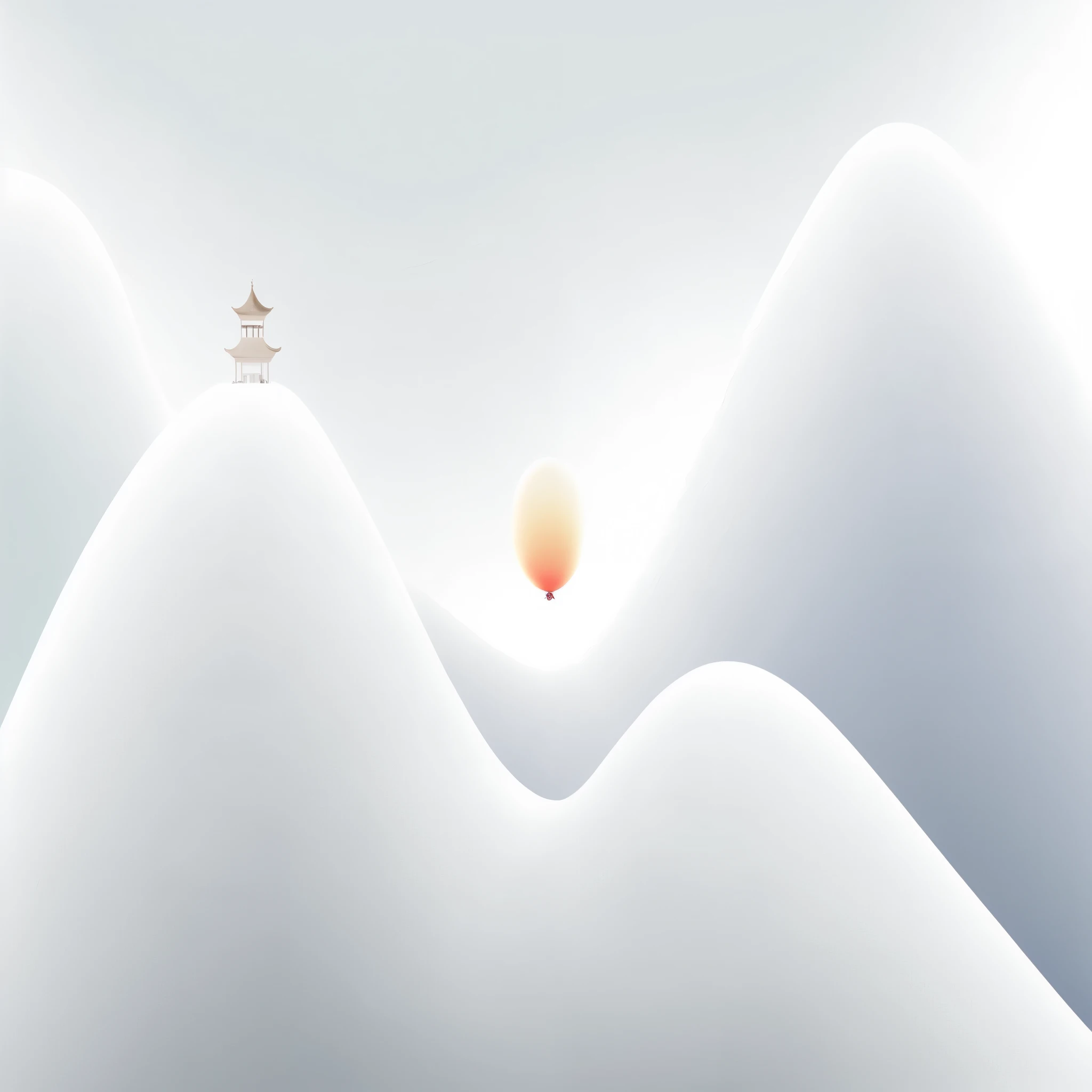 there is a small red balloon flying over a mountain existith a building, Serenity illustration, Soft Zen Simplicity, Blurry and dreamy illustration, snoexisty hill at sunrise, Zen temple background, inspired by somi, Blurry and dreamy illustration, artexis...