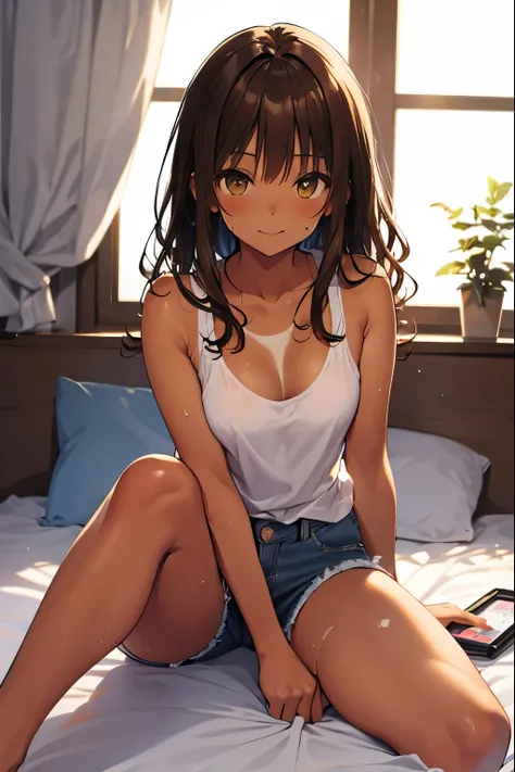 highest quality、Elementary school student bra、beige shorts、cool look、Sexy pose in room、armpit sweat、Grass、ecstasy face, (1 girl), (highly detailed face, smile) , (physically thin), (japanese girl), Slightly round face, (tanned brown face:1.6), cute, Big ey...