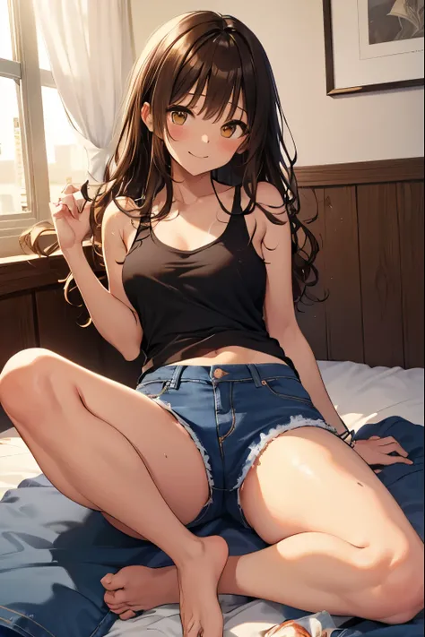 highest quality、Elementary school student bra、beige shorts、cool look、Sexy pose in room、armpit sweat、Grass、ecstasy face, (1 girl), (highly detailed face, smile) , (physically thin), (japanese girl), Slightly round face, (tanned brown face:1.6), cute, Big ey...